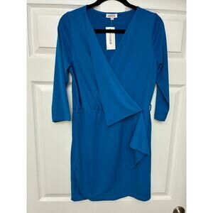 JustFab Blue Wrap Dress XL Asymmetrical Hem 3/4‎ Sleeve Stretchy NWT